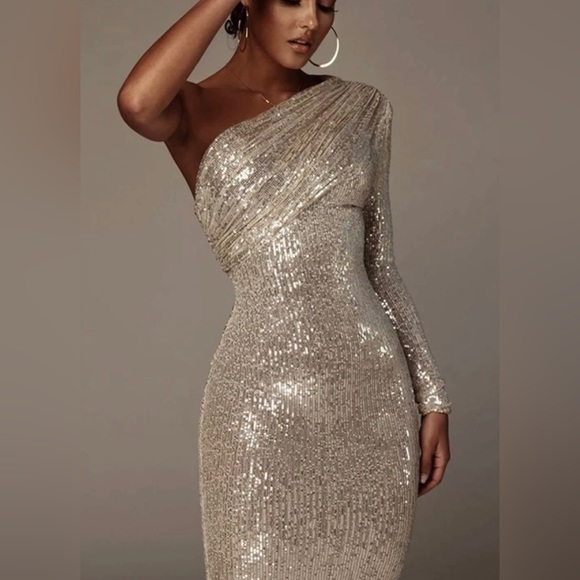 Karma One Shoulder Sequins Mesh Party Dress - Picture 2 of 8